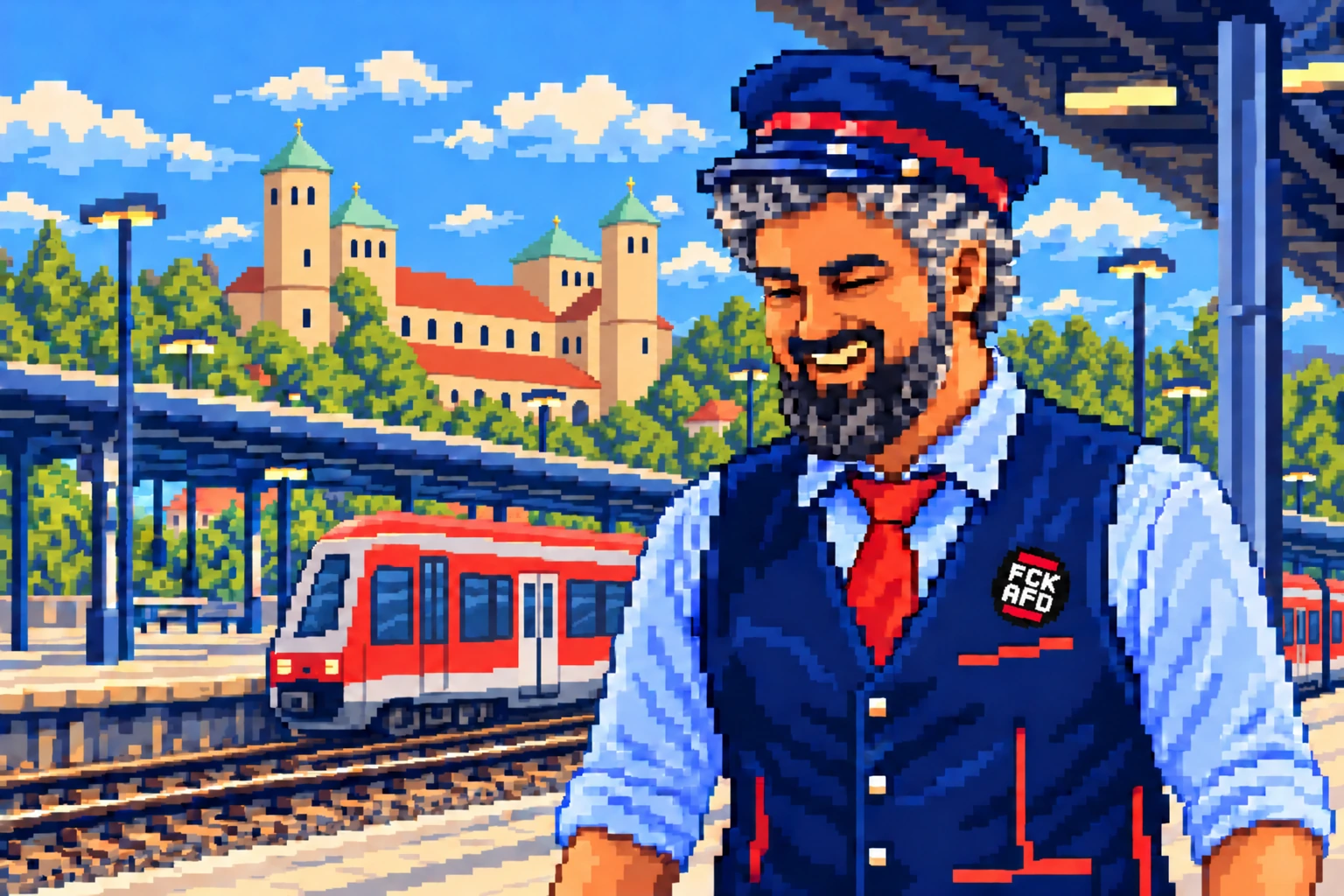 Pixelporträt von Hamun Hirbod mit Schaffnermütze an einem Hildesheimer Bahnsteig